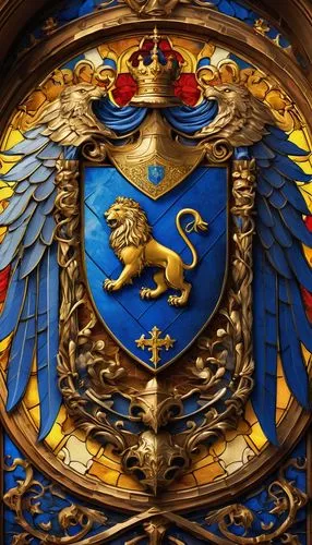 Free-style coat of arms, medieval knight, gold and blue colors, lion and eagle emblems, ornate borders, intricate details, velvet fabric, golden threads, regal atmosphere, majestic background, gothic 