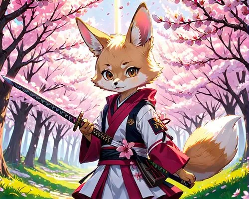 garden-fox tail,sakura background,kunimitsu,japanese sakura background,hanami,kitsune,Anime,Anime,Traditional