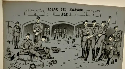 como una imagen del año 1936. Tosos hombres uniformados de la república,soldados republicanos,toorop,jatte,documenta,jerusalemites,hiroshima,wall painting