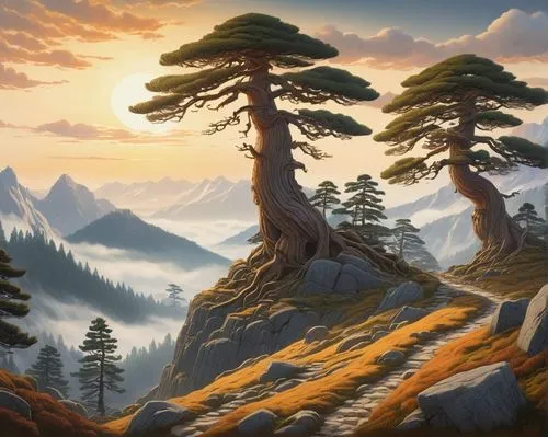 larch forests,larch trees,mountain landscape,alpine landscape,mountain scene,coniferous forest,larches,mountainous landscape,mirkwood,spruce forest,fantasy landscape,cartoon video game background,salt meadow landscape,landscape background,mountain sunrise,autumn mountains,pine trees,fir forest,larch tree,pine forest,Illustration,Realistic Fantasy,Realistic Fantasy 31