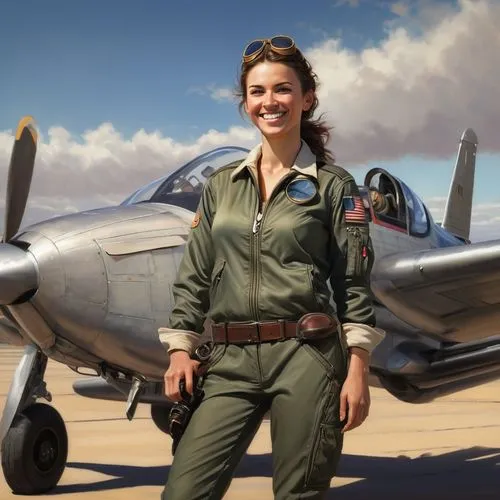 The woman pilot instructor is smiling, looking at camera, hyper realistic
,aviatrix,earhart,aoc,harkavy,piloto,iriaf,aeronauticas,moynahan,bellanca,reno airshow,aeronautica,servicewoman,superfortress,