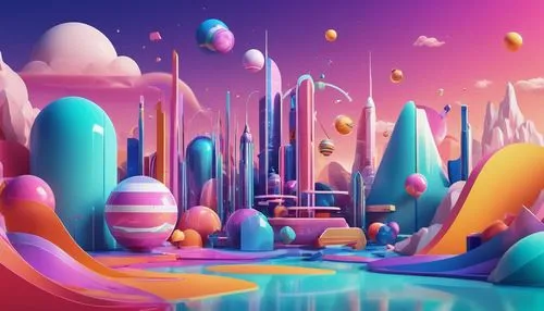 futuristic landscape,3d fantasy,panoramical,colorful city,virtual landscape,fantasy city,mushroom landscape,colorful balloons,cinema 4d,fantasy landscape,3d background,alien planet,fantasy world,fairy world,alien world,wonderland,dream world,acid lake,cityscape,lagoon,Illustration,Abstract Fantasy,Abstract Fantasy 13