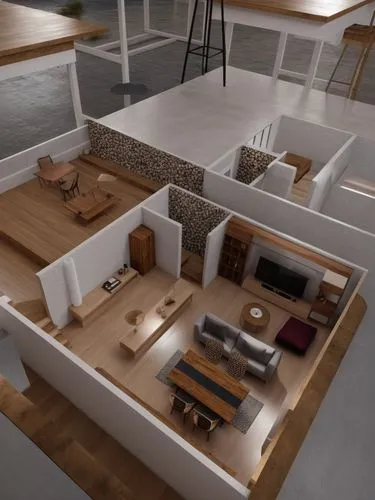 No cambiar su volumen de espacios, cambiar los materiales mas realistas, mejorar texturas de mobiliarios pero que se mantenga la forma, asemejar a la realidad,a 3d rendering of a modern house shows th