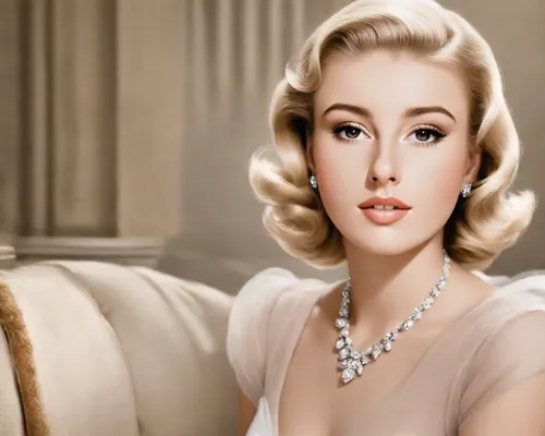 blonde, beautiful, Grace Kelly style, 1950s, Hitchcock movie, Noir, Vistavision colouring, cinematic, photorealistic,pearl necklace,marylyn monroe - female,grace kelly,marylin monroe,pearl necklaces,e