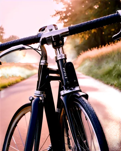 High-tech road bike, chrome handlebars, carbon fiber frame, spinning wheels, metallic pedals, leather saddle, morning dew, soft sunlight, 3/4 composition, shallow depth of field, warm color tone, cine