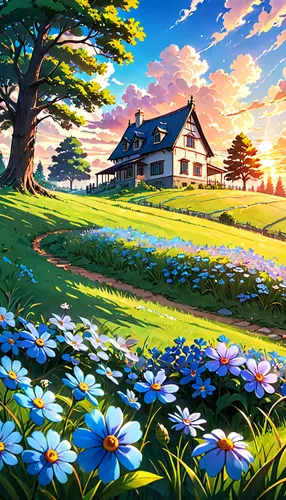 home landscape,meadow landscape,landscape background,springtime background,blooming field,flower meadow,flower field,summer meadow,spring background,field of flowers,spring morning,blanket of flowers,salt meadow landscape,rural landscape,summer cottage,flowers field,beautiful landscape,beautiful home,clover meadow,farm background,Anime,Anime,Traditional