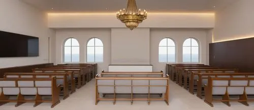 The interior of the synagogue features a sophisticated blend of traditional elements and modern aesthetics. The floor is covered in mocha-gray tiles, creating a neutral yet warm foundation. The walls 