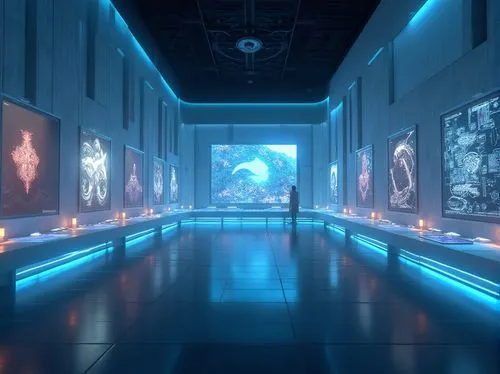 Futuristic art gallery, sleek metallic walls, LED lights, neon glow, holographic projections, virtual reality headsets, interactive exhibits, levitating artworks, transparent glass floors, minimalist 