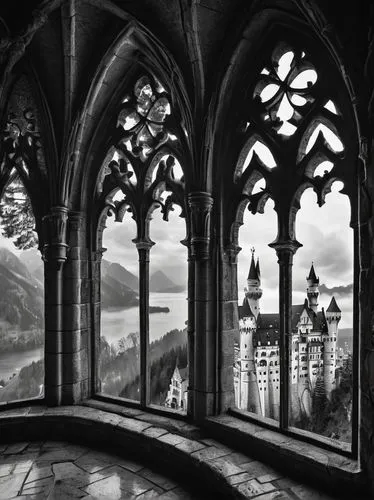 cochem castle,hallstatt,cochem,castle windows,drachenfels,hogwarts,vianden,fairy tale castle sigmaringen,diagon,neuschwanstein castle,neuschwanstein,cathedrals,church windows,stained glass windows,lourdes,neogothic,bacharach,mont saint michel,bran castle,cloister,Illustration,Black and White,Black and White 11