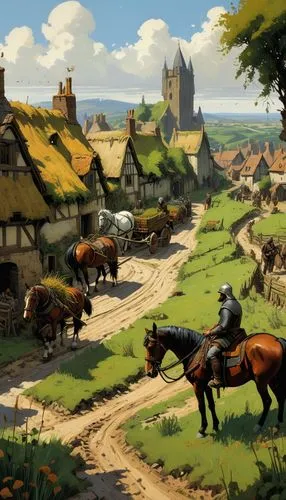 Medieval vegetation scene with horses, a village and inhabitants planting wheat.,a man on horseback walking down the road,beleriand,townsmen,thelwell,knight village,kingsnorth,shire,nargothrond,rattay