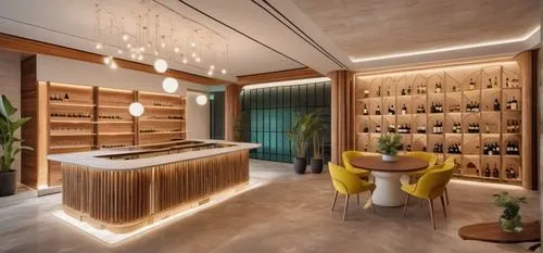 Please design an organic wine bar. The floor tiles are reflective green marble, and the ceiling has a wood pattern. Add yellow indirect lighting to the ceiling. The round table is made of white-toned 