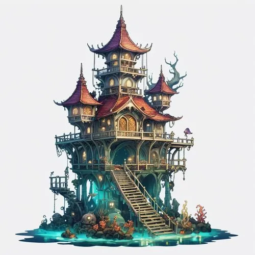 fairy tale castle,house of the sea,play tower,floating island,underwater playground,seaside resort,Illustration,Abstract Fantasy,Abstract Fantasy 11