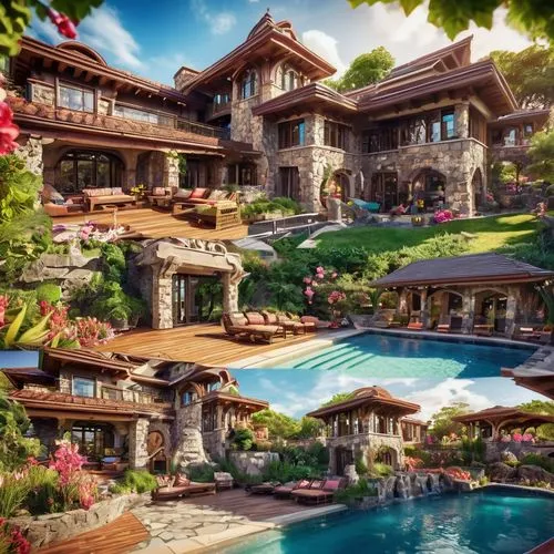 dreamhouse,luxury home,luxury property,beautiful home,mansion,holiday villa,summerland,pool house,resorts,house by the water,chalet,luxury real estate,luxury hotel,holiday complex,mansions,resort,house in the mountains,large home,bungalows,houses clipart,Conceptual Art,Fantasy,Fantasy 26