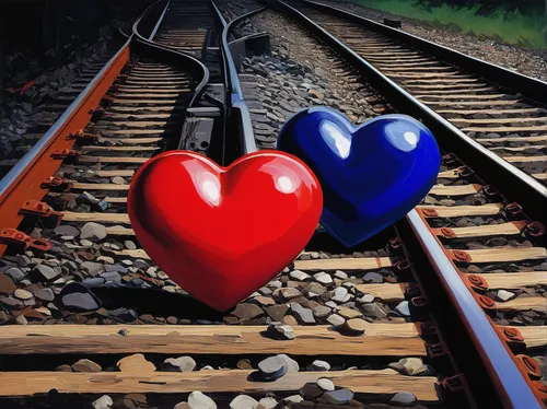 Write a suspenseful thriller where a detective discovers a red and blue heart as a clue at a crime scene near a railway.,red and blue heart on railway,heart medallion on railway,red heart on railway,g