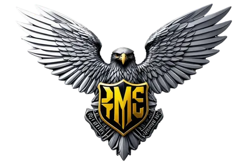 Private military company logo, golden eagle emblem, sharp talons, spread wings, metallic silver outline, bold font, "PMC" abbreviation, shield background, intricate details, 3D rendering, high-contras