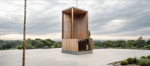 gendrate a realistic render of this image,a wooden structure on top of a building,wooden sauna,observation tower,zumthor,the observation deck,outhouse,wind chime,Architecture,General,Japanese Traditio