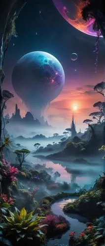 Mistyc alien planet with futurisrtic building. Fog, cold atmosphere, visible moons,fantasy landscape,alien planet,futuristic landscape,alien world,fantasy picture,mushroom landscape,fantasy art,lunar 