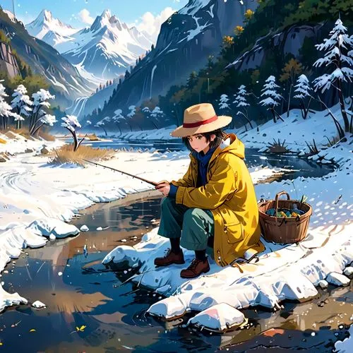 fisherman,fishing classes,fishing,people fishing,fly fishing,fishermen,version john the fisherman,casting (fishing),ice fishing,fishing float,big-game fishing,fishing camping,angler,fishing gear,mountain spring,types of fishing,fishing equipment,world digital painting,salt meadow landscape,rock fishing,Anime,Anime,Realistic