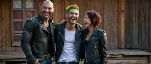 Drax, Mantis, laughing, standing, arms around each other, joyful facial expression, smiling eyes, white teeth, messy hair, casual clothing, ripped jeans, black leather jacket, tattoos, scars, rustic w