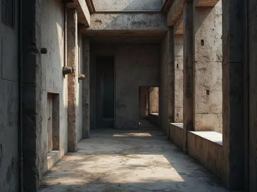 zumthor,majdanek,hashima,empty interior,reformatory,coigny,exposed concrete,hallway,corridors,inside courtyard,concrete,herculaneum,reformatories,hallway space,courtyards,storehouses,corridor,abandoned places,passageways,dilapidation,Photography,General,Realistic