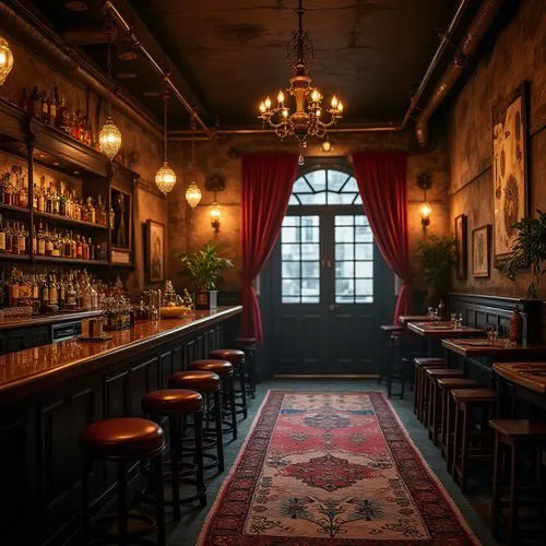 Dimly lit bar, eclectic style, vintage furniture, antique decorations, wooden counter, brass fixtures, rich red velvet curtains, ornate chandeliers, distressed walls, exposed brick, industrial pipes, 