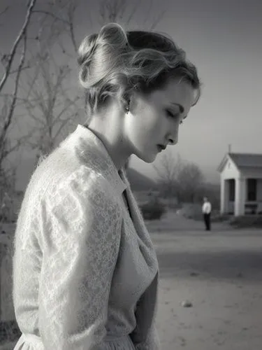 Grieving woman,black and white pograph of woman leaning against fence,seydoux,delpy,ginnifer,pleasantville,dianna,rosalyn,Photography,Black and white photography,Black and White Photography 08