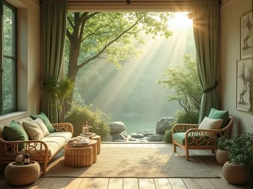 sunroom,morning light,green living,home landscape,solarium,conservatory,window curtain,sitting room,beautiful home,sunbeams,sunrays,living room,livingroom,garden bench,verdant,conservatories,front porch,sunlit,morning sun,windows wallpaper,Photography,General,Realistic