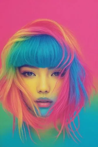 a woman with dyed blue and yellow hair,cmyk,pop art colors,technicolour,toucouleur,neon makeup,kyary,Photography,Fashion Photography,Fashion Photography 17