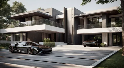 modern house,luxury property,automotive exterior,bmw i8 roadster,3d rendering,mclaren automotive,luxury real estate,luxury home,i8,driveway,modern architecture,folding roof,zenvo-st,modern style,futur