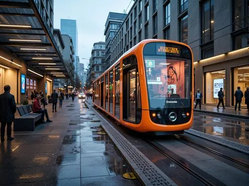 Futuristic tram station, sleek metallic structures, high-gloss finishes, neon-lit advertisements, LED displays, modern minimalist benches, stainless steel handrails, glass roofs, cantilevered canopies