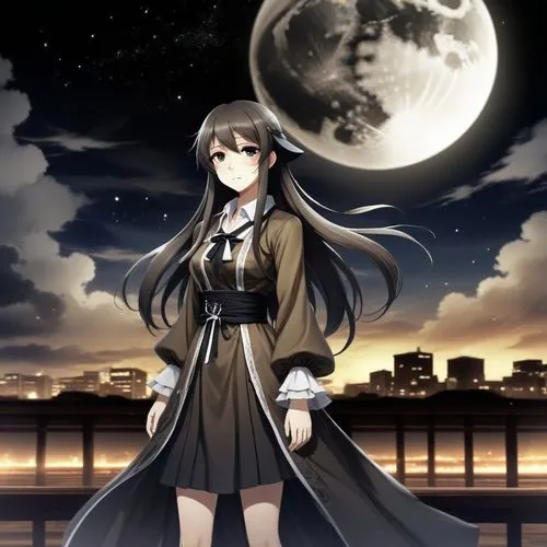 an anime girl standing under a full moon,fukawa,byakuya,hanako,selene,halloween background,kuchiki