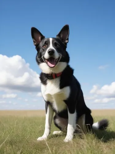 A playful black and white dog with big ears looks happily at the sky and enjoys the feeling of the wind blowing through its fur. The dog's fur glistened in the sun, and there was a distinct white stri