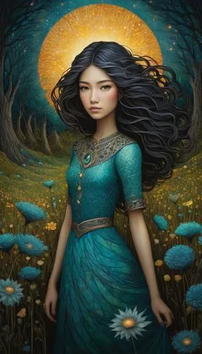 mystical portrait of a girl,baoshun,fairie,fantasy portrait,fairy peacock,girl in flowers,diwata,persephone,lughnasadh,beltane,leota,llyra,fantasy picture,virgo,fantasy art,oshun,rosa 'the fairy,ostara,kahlan,sirena,Illustration,Abstract Fantasy,Abstract Fantasy 19