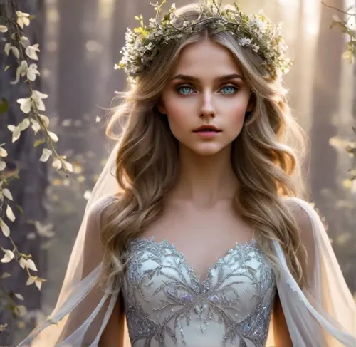 Then, slowly, a figure emerged from the shadows of the trees. It was a young woman with silver moonlight strands flowing freely around her shoulders and a diaphanous gown made of leaves that seemed to