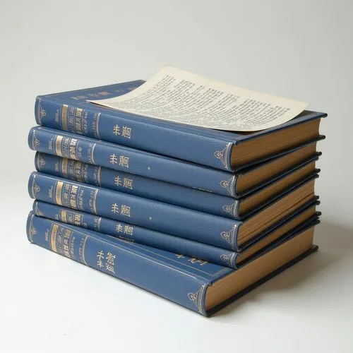 A stack of blue-bound books with text in Far East Asian characters, the topmost lying open to reveal more characters.,four books stacked up on top of each other,catalogues,multivolume,nytbook,encyclop