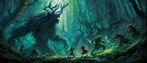 Depict the fierce battle between the Forest Spirit and the forces of destruction in a chaotic climax.,elven forest,haunted forest,the forest,druid grove,forest of dreams,old-growth forest,the forests,