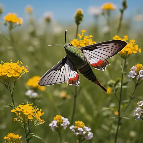 Write a poetic piece capturing the delicate dance of a hummingbird hawk-moth in a sunlit meadow.,pellucid hawk moth,six spot burnet moth,hummingbird hawk-moth,hybrid swallowtail on zinnia,hummingbird 