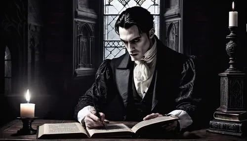 Dark academia, mysterious vampire, male, slender build, pale skin, sharp facial features, piercing eyes, fangs, slicked-back black hair, Victorian-era inspired attire, long coat, waistcoat, white shir