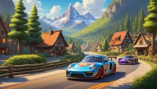 A village scene with road passing by the river mountain pine tree car racing  Disney Pixar themed scene ,alpine drive,alpine village,porsches,cartoon video game background,autopia,cartoon car,3d car w