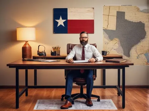 Texas style building, architecture license plate, framed certificate, wooden desk, office interior, professional attire, middle-aged male architect, glasses, short brown hair, beard, white shirt, tie,