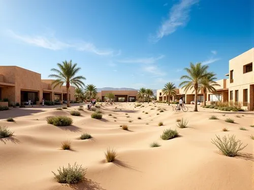 \Arid desert landscape, sandy dunes, cactus plants, hot sunny day, clear blue sky, vast open space, adaptive architecture, earth-toned buildings, natural stone facades, curved lines, wind-resistant de