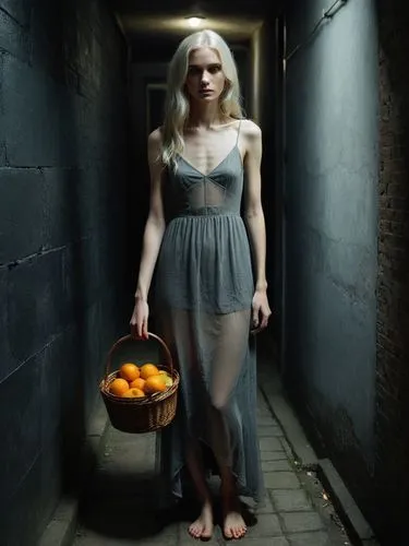 The picture shows a young skinny woman with long, platinum blonde hair standing in a narrow, dark corridor or street. There is a gloomy, mysterious atmosphere. The woman is wearing a long, see-through