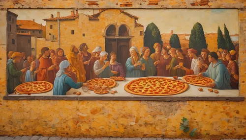 the birth of pizza - botticelli style painting on the old wall  a lot of people enjoy pizza ,christ feast,fresco,sicilian cuisine,church painting,pizzeria,colomba di pasqua,raffaello da montelupo,holy