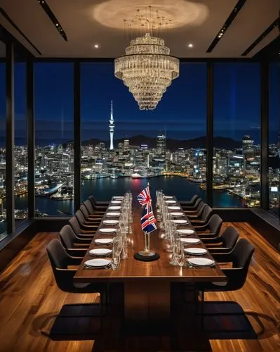 Awards ceremony, interior design, luxurious decorations, modern chandeliers, wooden floor, grand staircase, elegant tables, glass trophies, minimalist chairs, NZ flags, Auckland cityscape, night scene