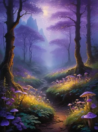 purple landscape,fantasy landscape,fairy forest,mushroom landscape,forest landscape,elven forest,fairytale forest,forest path,enchanted forest,forest glade,druid grove,fantasy picture,forest of dreams,forest background,the mystical path,landscape background,forest floor,fairy village,haunted forest,pathway,Art,Artistic Painting,Artistic Painting 04