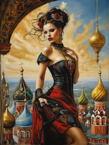 russian folk style,fantasy art,red russian,orientalism,girl in a historic way,art painting,queen of hearts,romantic portrait,fantasy picture,the carnival of venice,miss circassian,oriental princess,the red square,oil painting on canvas,ethnic dancer,russian culture,oil painting,fairy tale character,eurasian,young woman,Illustration,Realistic Fantasy,Realistic Fantasy 10