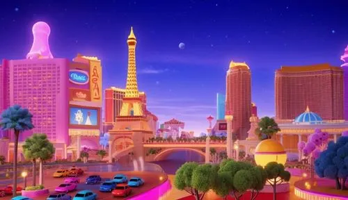 拉斯维加斯夜晚景色，3D，迪士尼风格，颜色鲜艳饱和，高质量,agrabah,cartoon video game background,dubailand,fantasy city,colorful city,toontown,pink city,megapolis,the disneyland resort,scummvm,city cities,toonerville,lazytown,ima