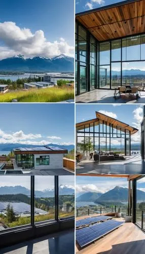 Modern architecture, Vancouver style, glass and steel building, angular lines, green roof, solar panels, floor-to-ceiling windows, sliding doors, minimalist interior, wooden floors, industrial lightin