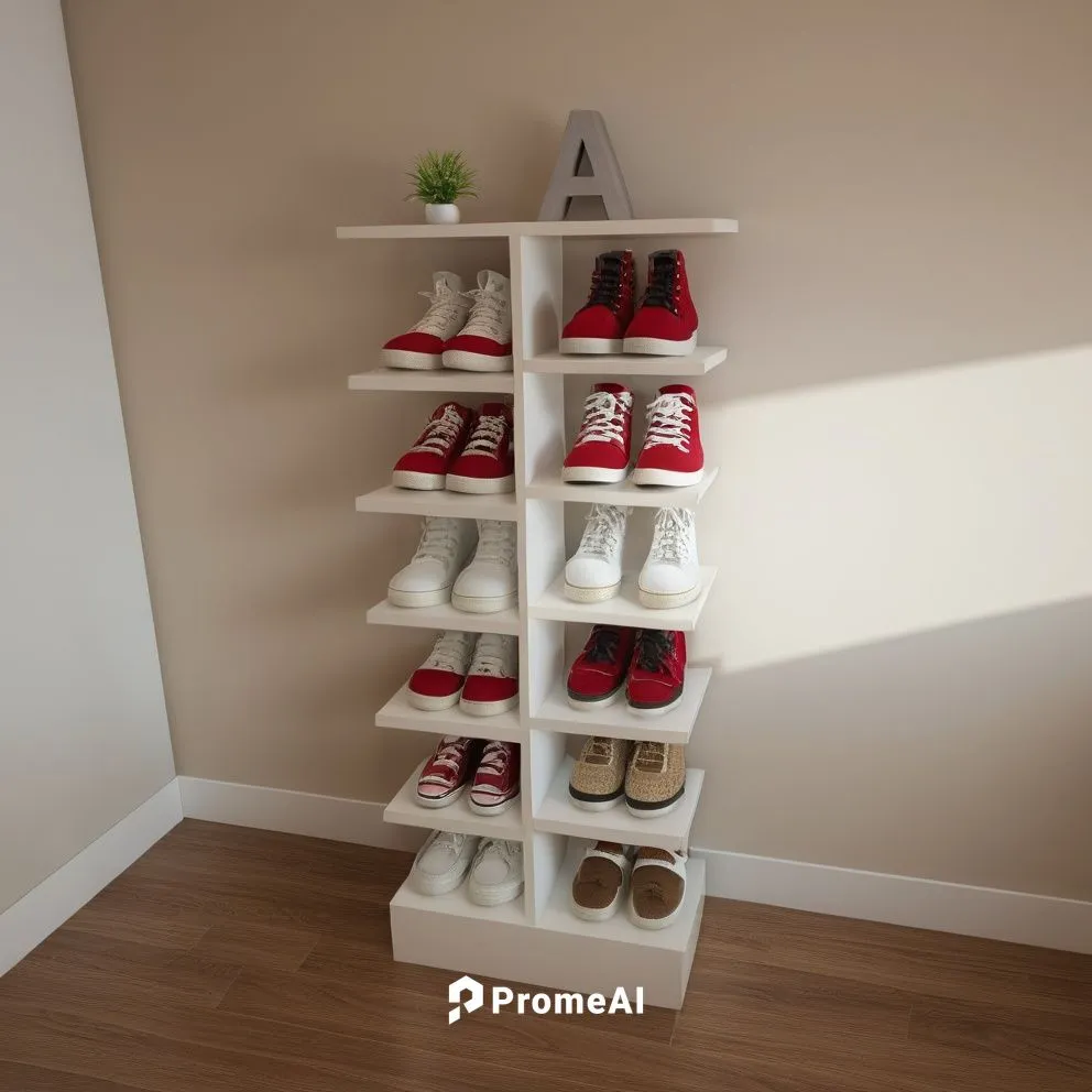 several pairs of shoes are arranged on a wooden shelf,shoe cabinet,shelves,shelving,walk-in closet,shoefiti,wine rack,Photography,General,Realistic