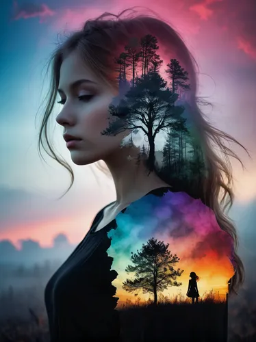 mystical portrait of a girl,girl with tree,fantasy picture,photo manipulation,photomanipulation,fantasy portrait,photoshop manipulation,fantasy art,image manipulation,faery,creative background,world digital painting,rainbow background,colorful background,landscape background,faerie,woman thinking,romantic portrait,digital compositing,double exposure,Photography,Documentary Photography,Documentary Photography 22